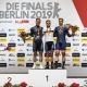 Marc Jurczyk, Maximilian Dörnbach (beide Team Erdgas.2012) und Stefan Bötticher (Chemnitzer PSV) stehen auf dem Podest für den Sprint-Wettbewerb der Männer. Foto: Frank Hammerschmidt